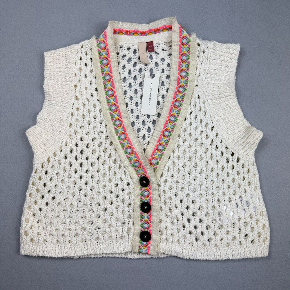 Anthropologie Pilcro Crochet Sweater Vest NWT Embroidered Trim Cream S/M